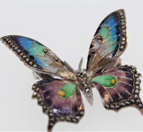 Schöne Schmetterlingsbrosche mit Emaille & Markasiten aus 925er Silber
