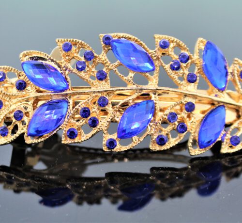 Blätter Haarspange in Gold mit Royalblauen Schmucksteinen